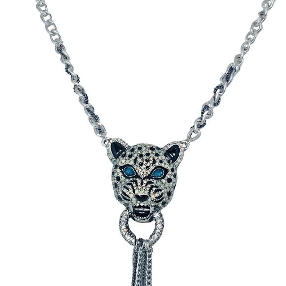 Betsey Johnson Crystal Snow Leopard Door Knocker Necklace 19" WHITEOUT - Picture 6 of 10